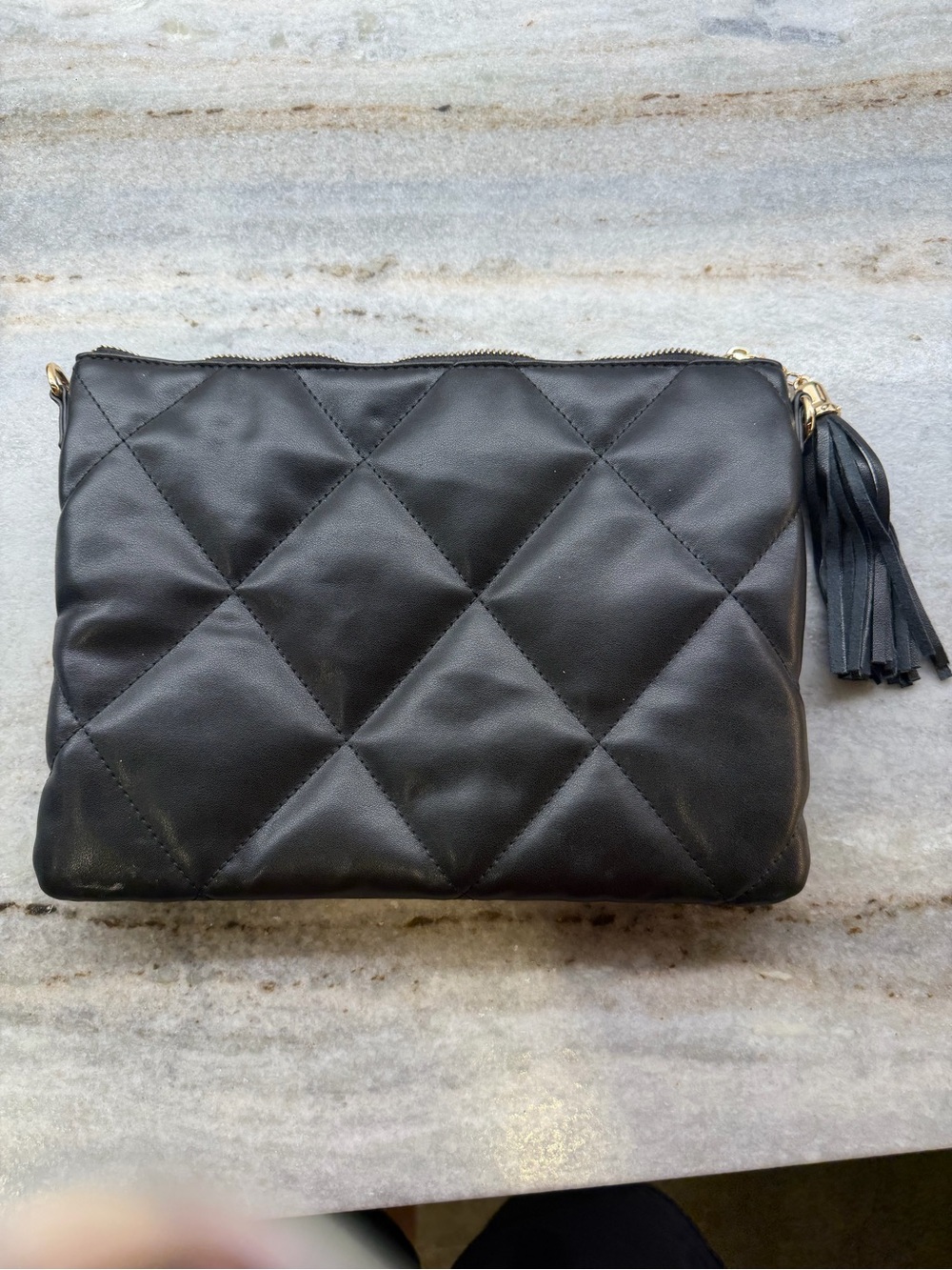 Quilted Black Leather Tassel Zip Pouch or Crossbody with 4 nylon straps included